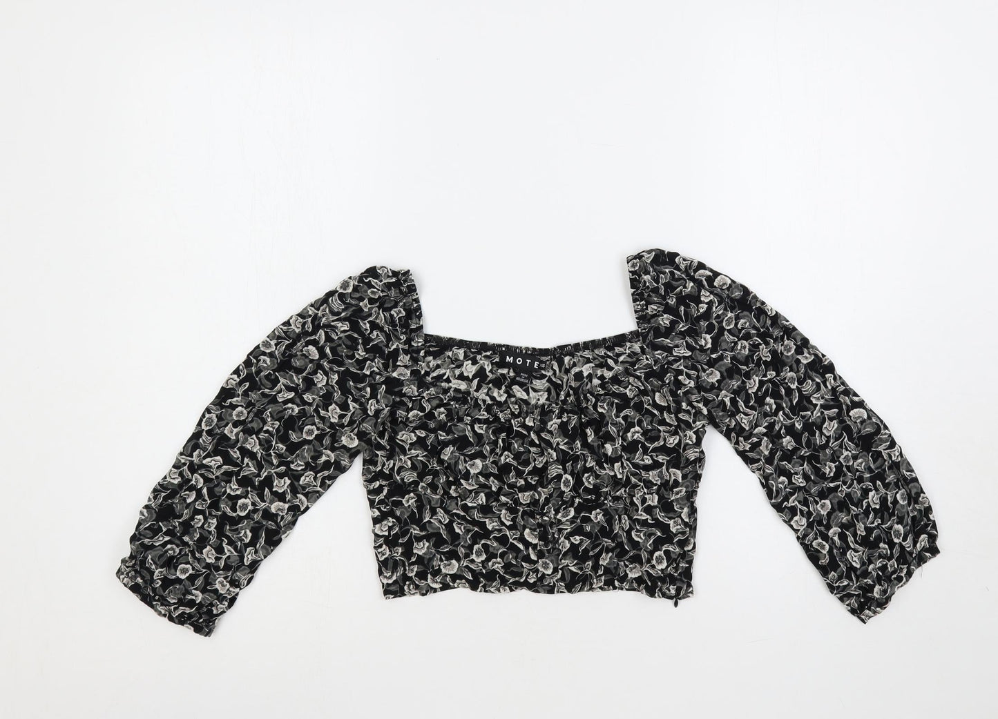 Motel Womens Black Floral Viscose Cropped Blouse Size XS Square Neck