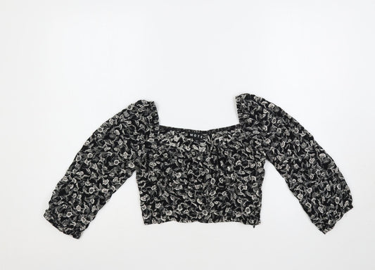 Motel Womens Black Floral Viscose Cropped Blouse Size XS Square Neck