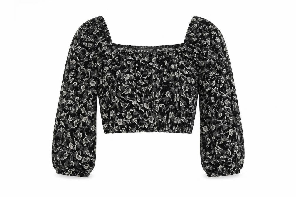 Motel Rocks Womens Black Floral Viscose Cropped Blouse Size XS Square Neck