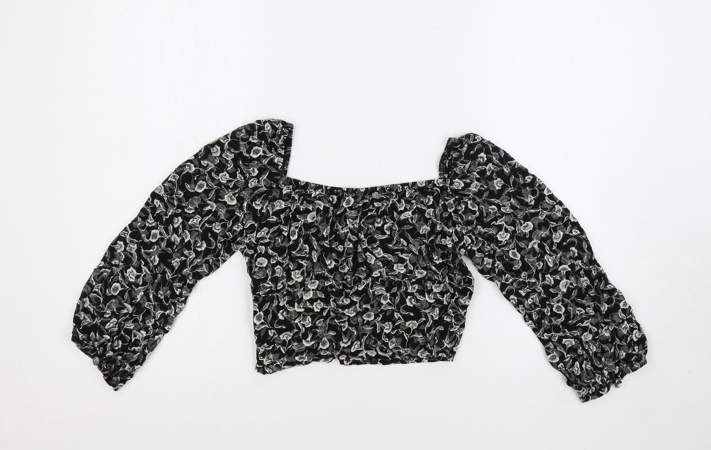 Motel Womens Black Floral Viscose Cropped Blouse Size XS Square Neck