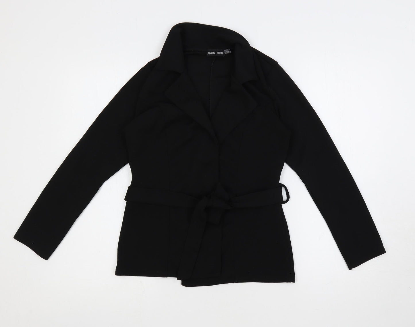 PRETTYLITTLETHING Womens Black Polyester Basic Blouse Size 10 V-Neck - Belted