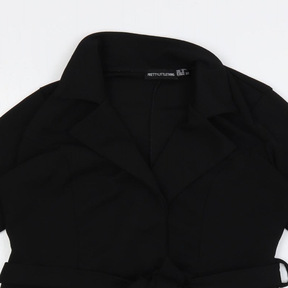 PRETTYLITTLETHING Womens Black Polyester Basic Blouse Size 10 V-Neck - Belted