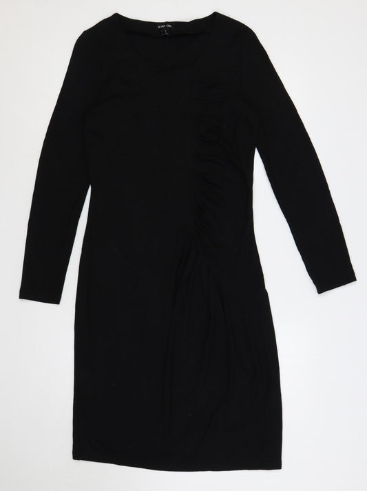 Ronen Chen Womens Black Viscose Pencil Dress Size 14 Round Neck Pullover - Ruched