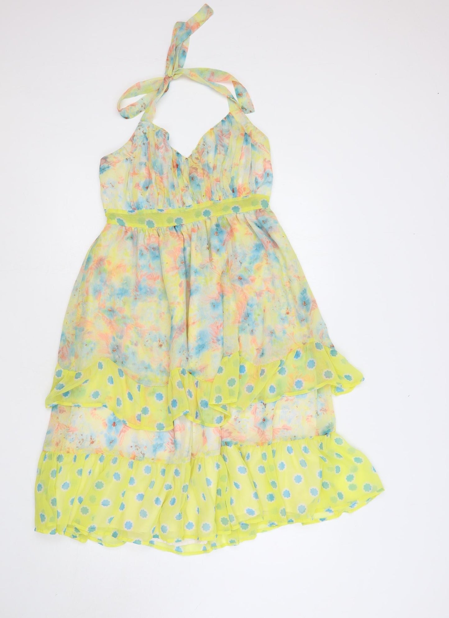 VILA Womens Multicoloured Floral Polyester Fit & Flare Size M Halter Tie - Ruffle