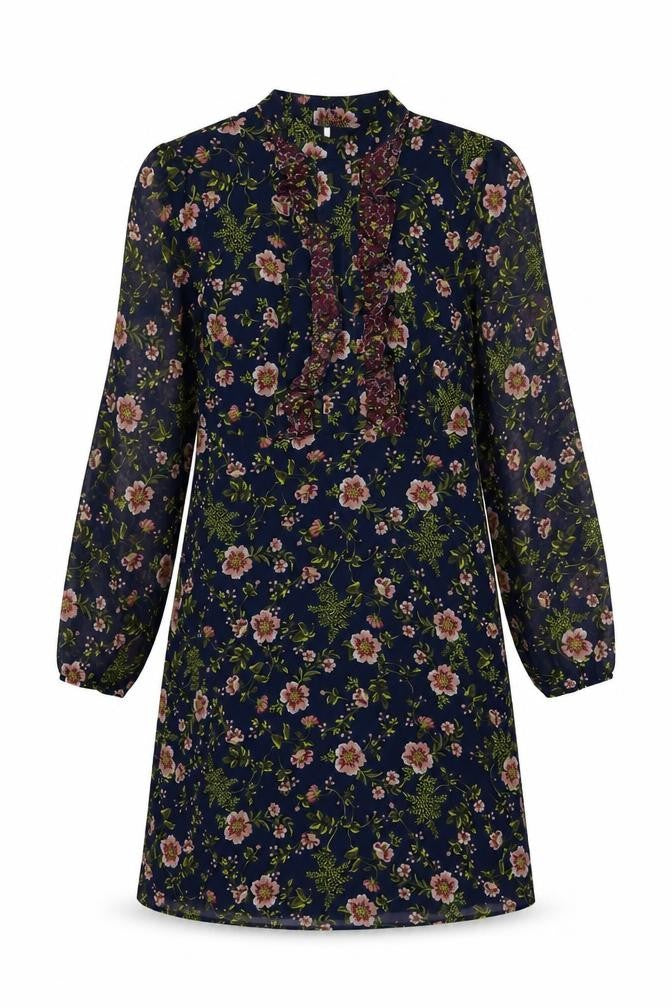 Marks & Spencer Womens Blue Floral Polyester A-Line Size 8 Mock Neck Button