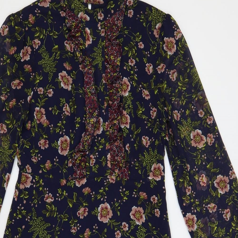 Marks and Spencer Womens Blue Floral Polyester A-Line Size 8 Mock Neck Button