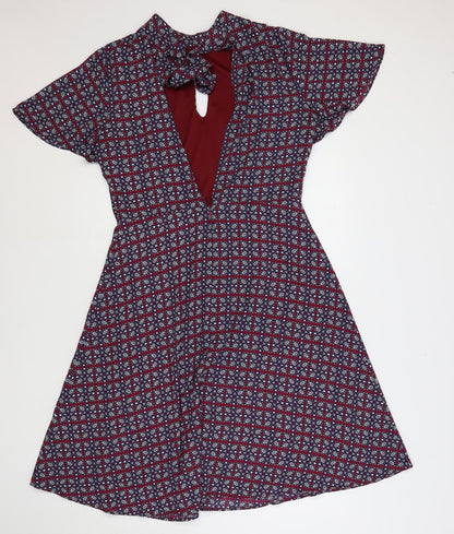 JustFab Womens Red Geometric Polyester A-Line Size XL Mock Neck Zip - Open Back