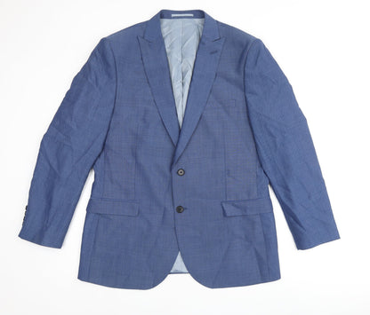 Front view of French Connection men’s blue polyester jacket suit jacket, size 44, regular