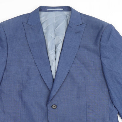 Close-up detail of French Connection men’s blue polyester jacket suit jacket, size 44, regular
