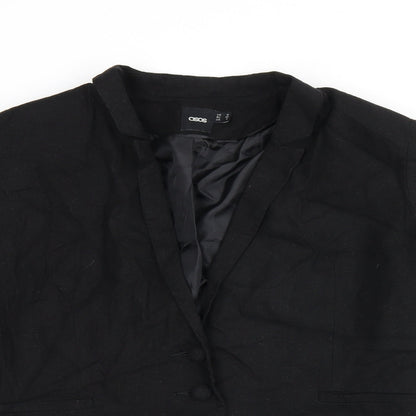 Close-up detail of ASOS women’s black linen jacket blazer, size UK 10
