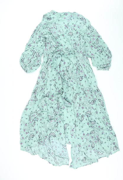Per Una Womens Green Floral Viscose Kaftan Size 8 V-Neck Button
