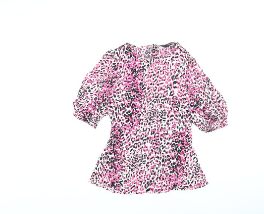 Marks and Spencer Womens Pink Animal Print Viscose Basic Blouse Size 6 Round Neck - Leopard Print