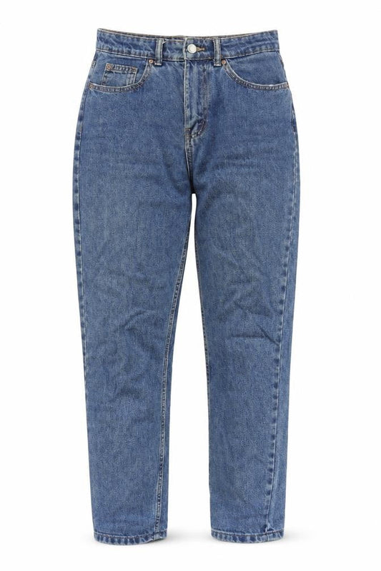 Front view of Denim & Co. women’s blue cotton mom jeans, size UK 8, 27-inch leg regular zip