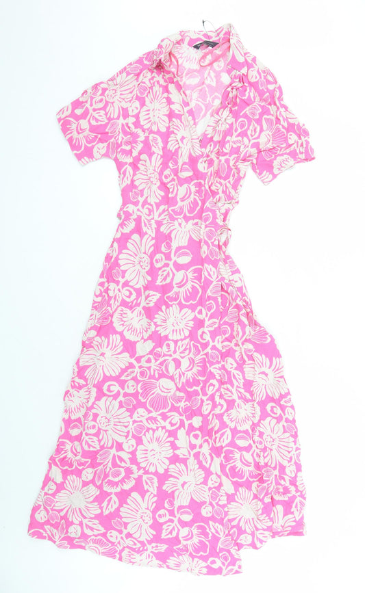Marks and Spencer Womens Pink Floral Viscose Wrap Dress Size 6 Collared Tie