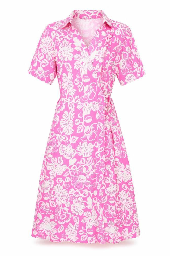 Marks & Spencer Womens Pink Floral Viscose Wrap Dress Size 6 Collared Tie