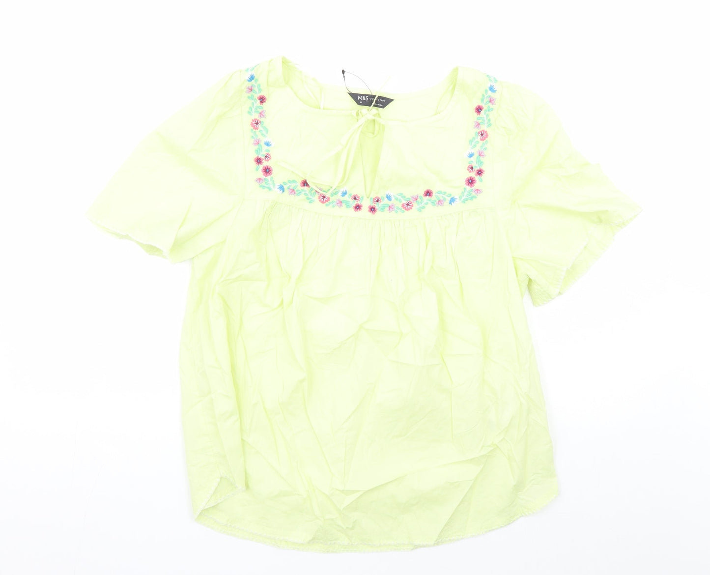 Marks and Spencer Womens Yellow Cotton Basic Blouse Size 10 Round Neck - Embroidered Flowers
