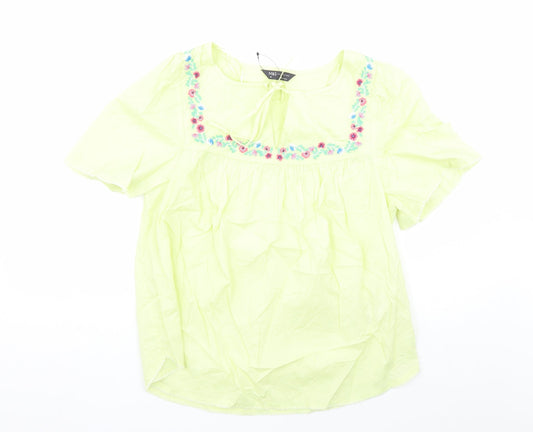 Marks and Spencer Womens Yellow Cotton Basic Blouse Size 10 Round Neck - Embroidered Flowers