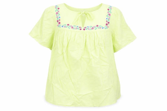 Marks & Spencer Womens Yellow Cotton Basic Blouse Size 10 Round Neck - Embroidered Flowers