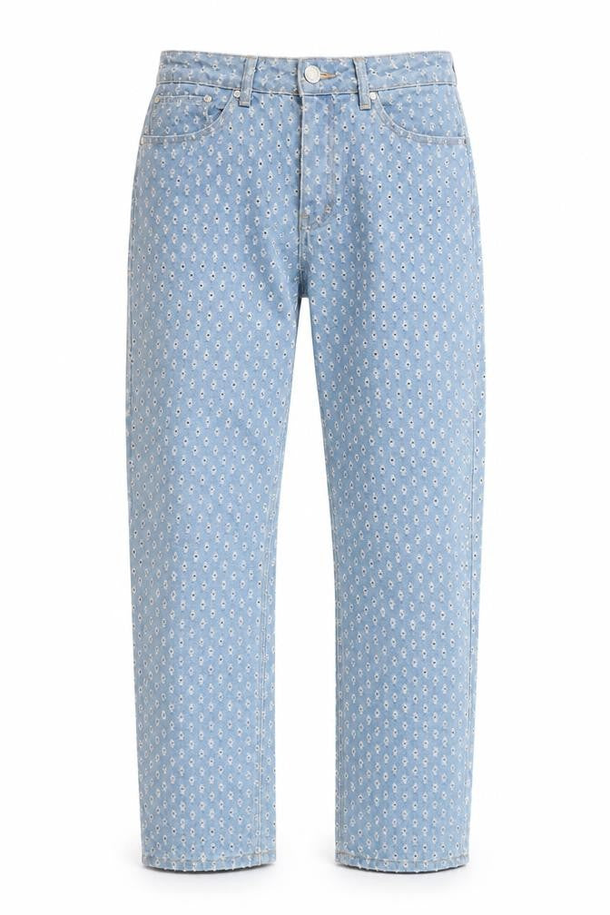 Boohoo Mens Blue Geometric Cotton Straight Jeans Size 32 in L29 in Regular Button