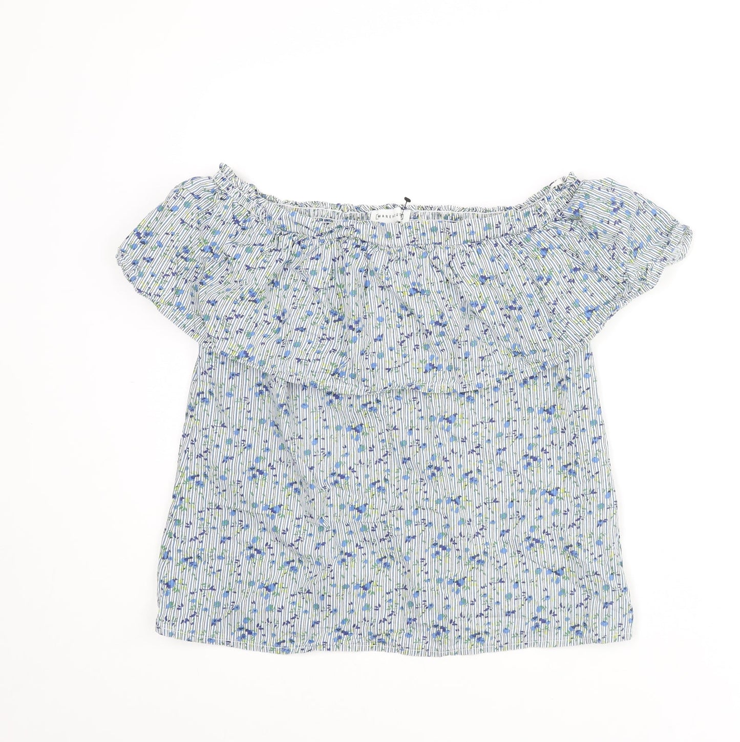 Warehouse Womens Blue Floral Cotton Basic Blouse Size 8 Off the Shoulder