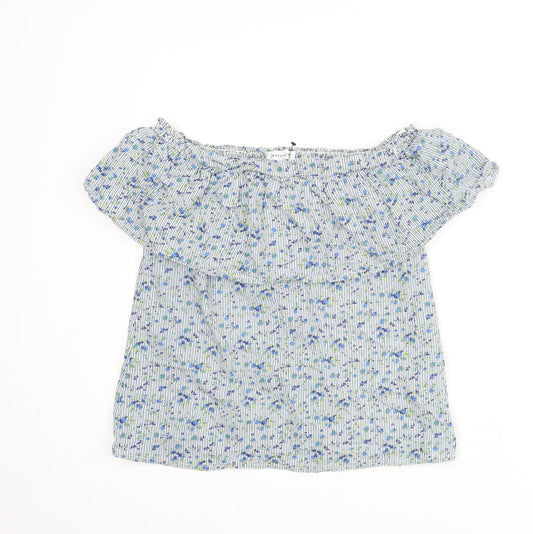 Warehouse Womens Blue Floral Cotton Basic Blouse Size 8 Off the Shoulder