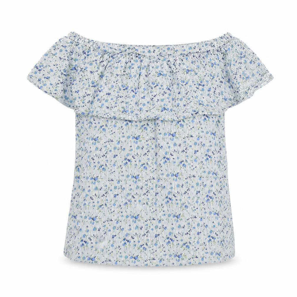 Warehouse Womens Blue Floral Cotton Basic Blouse Size 8 Off the Shoulder