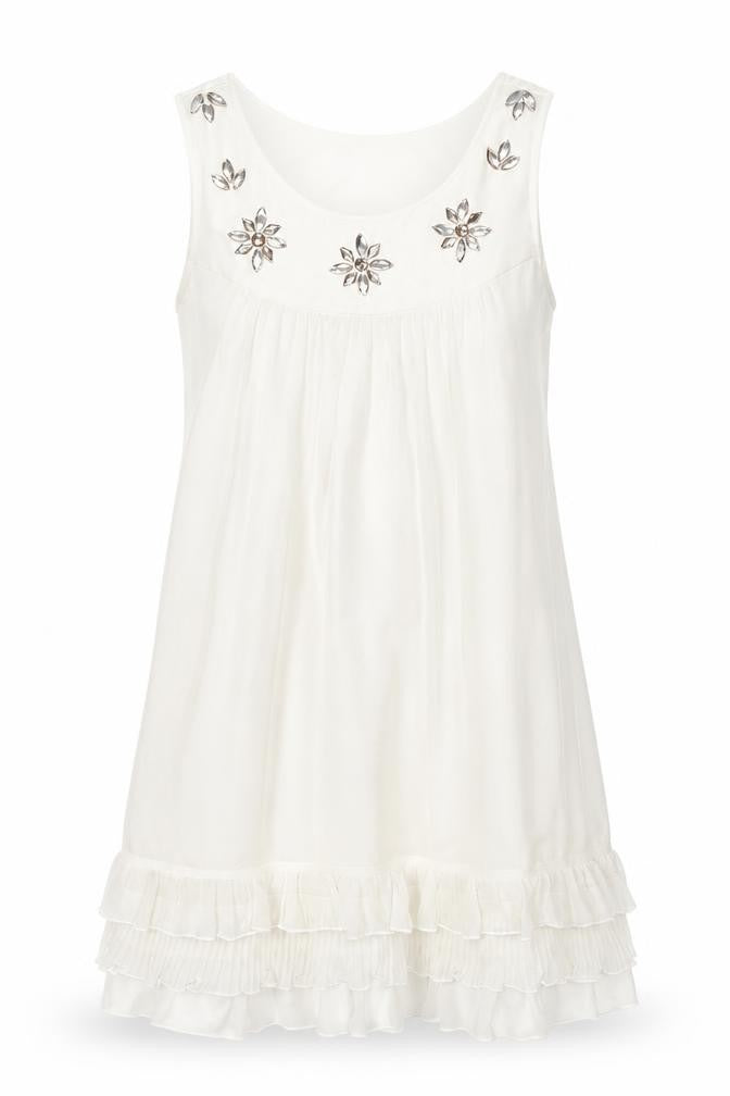 Heaven Womens Ivory Polyester Shift Size 14 Scoop Neck Pullover - Frill Rhinestone