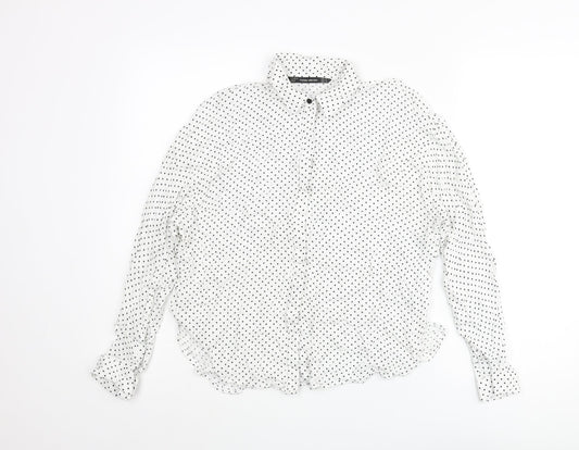 Zara Womens White Polka Dot Polyester Basic Button-Up Size M Collared
