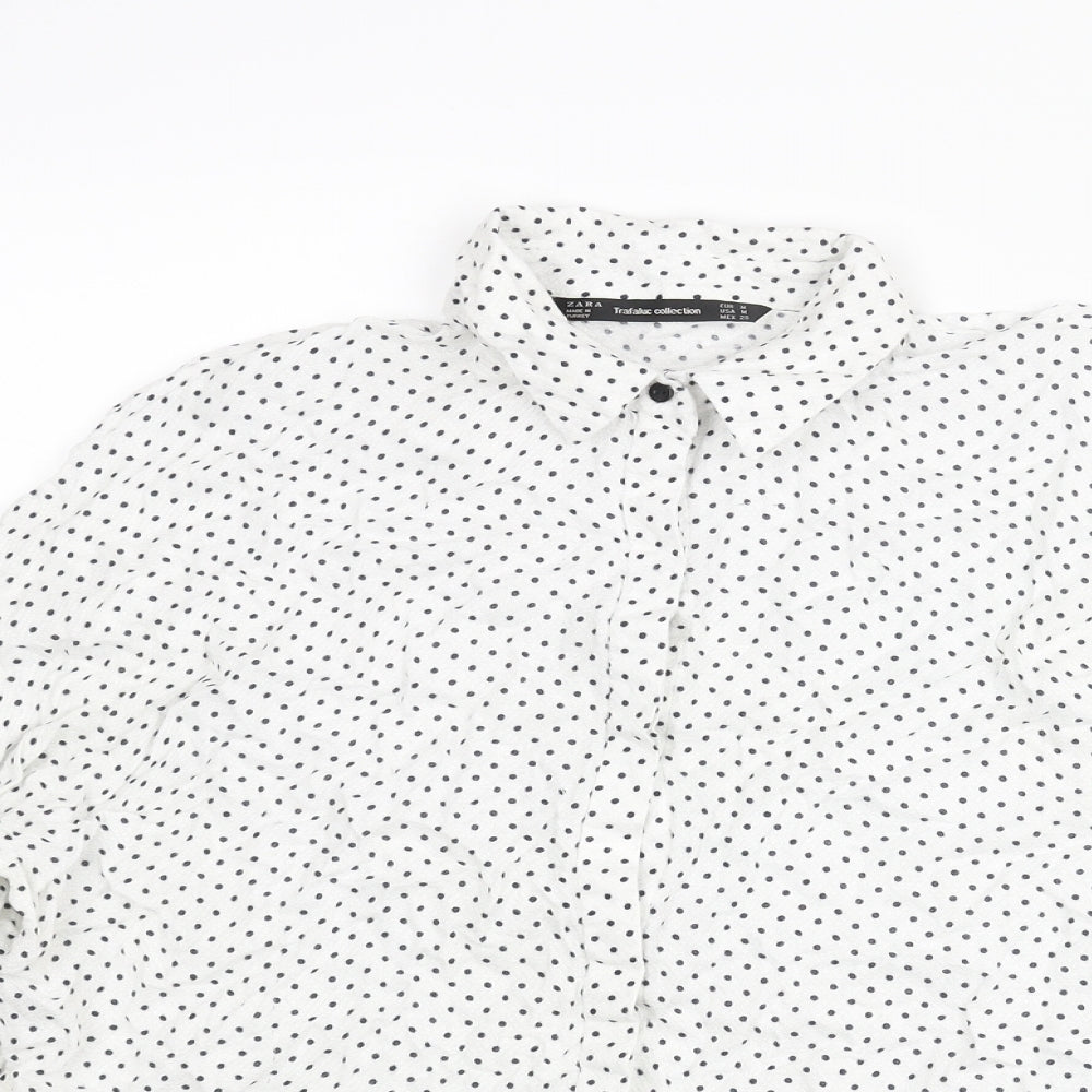 Zara Womens White Polka Dot Polyester Basic Button-Up Size M Collared