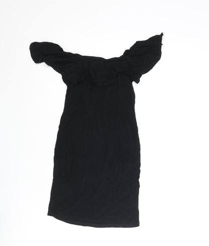 PRETTYLITTLETHING Womens Black Viscose Mini Size 4 Off the Shoulder Pullover - Frill