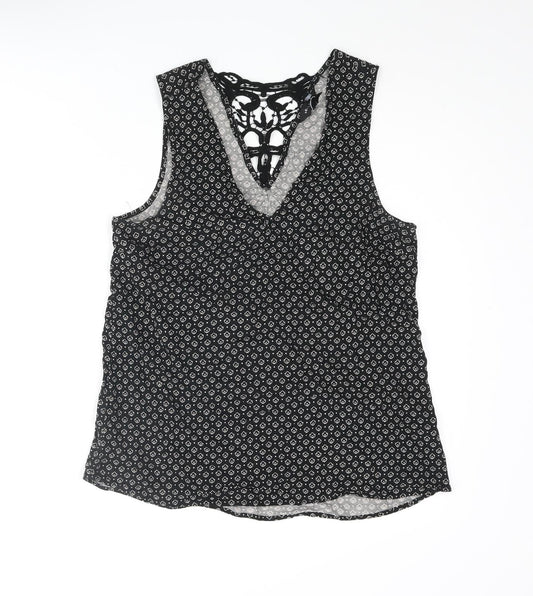 New Look Womens Black Geometric Viscose Camisole Blouse Size 10 Scoop Neck - Lace