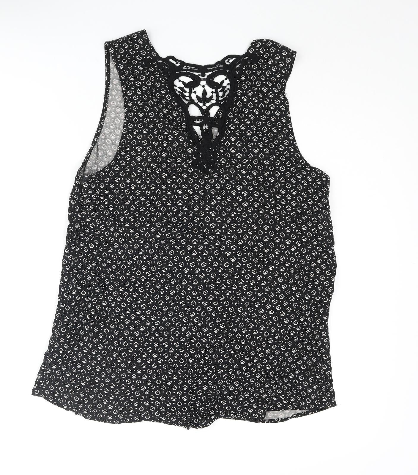 New Look Womens Black Geometric Viscose Camisole Blouse Size 10 Scoop Neck - Lace