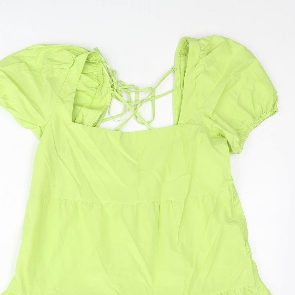 Stradivarius Womens Green Cotton A-Line Size M Scoop Neck Tie