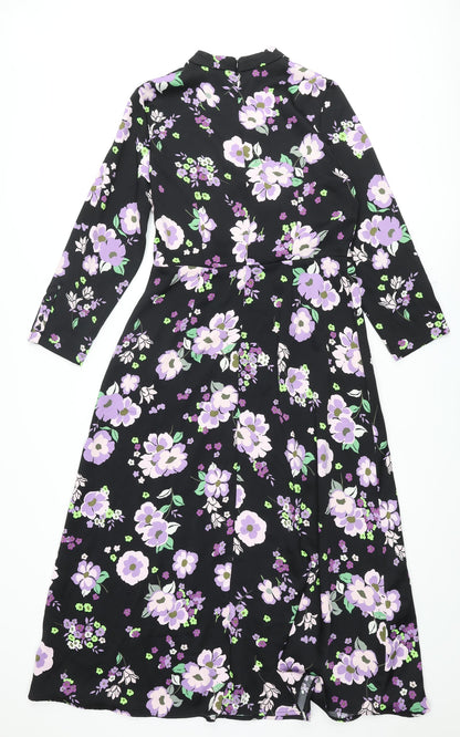Marks & Spencer Womens Black Floral Polyester Maxi Size 10 Mock Neck Zip