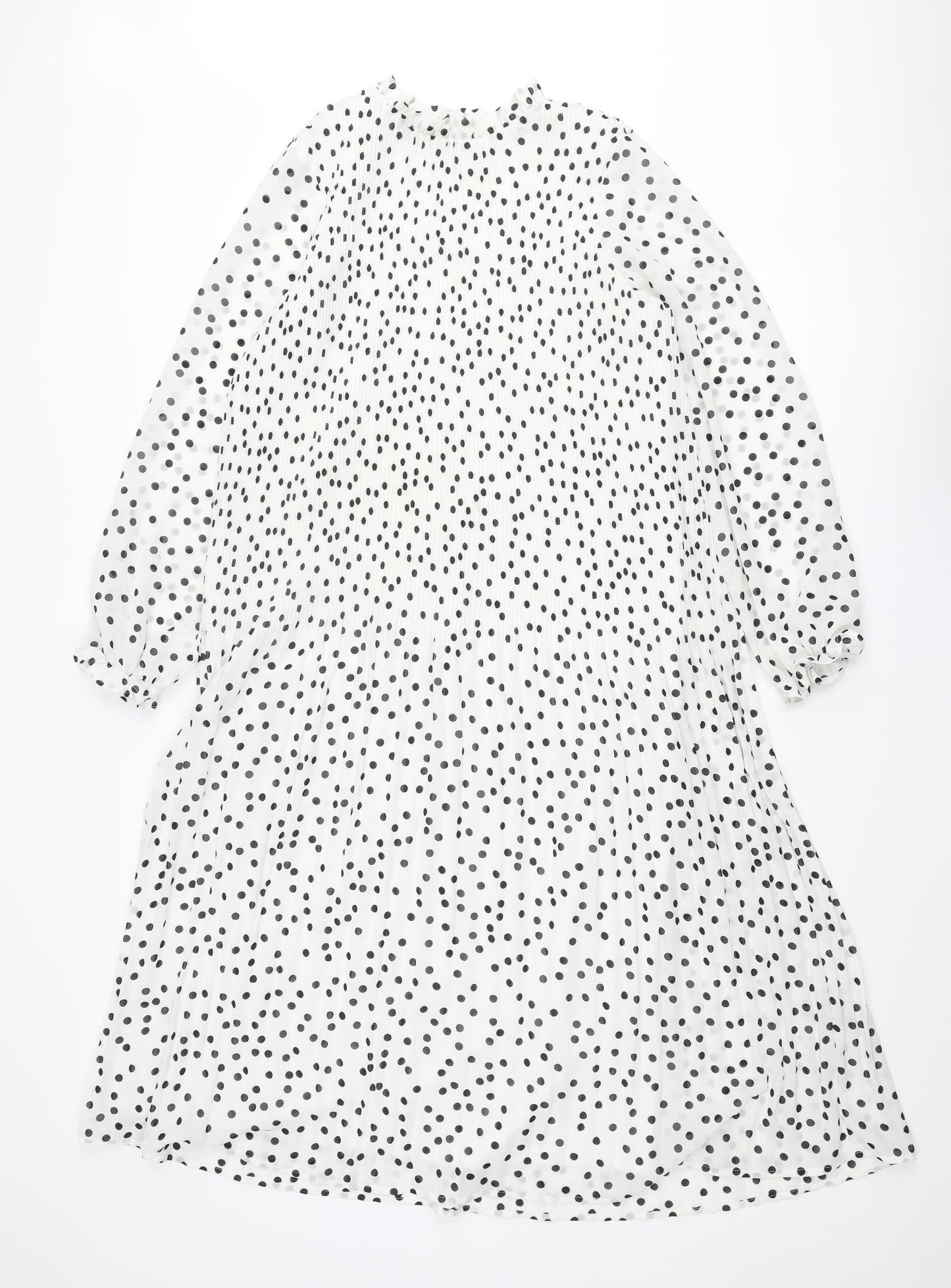 Warehouse Womens White Polka Dot Polyester Shift Size 10 Mock Neck Button - Pleated