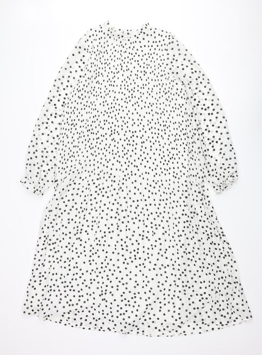 Warehouse Womens White Polka Dot Polyester Shift Size 10 Mock Neck Button - Pleated