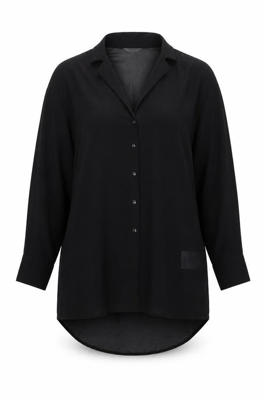 Front view of Object women’s black polyester tunic button-up, size UK 10, collared
