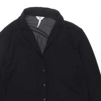 Close-up detail of Object women’s black polyester tunic button-up, size UK 10, collared