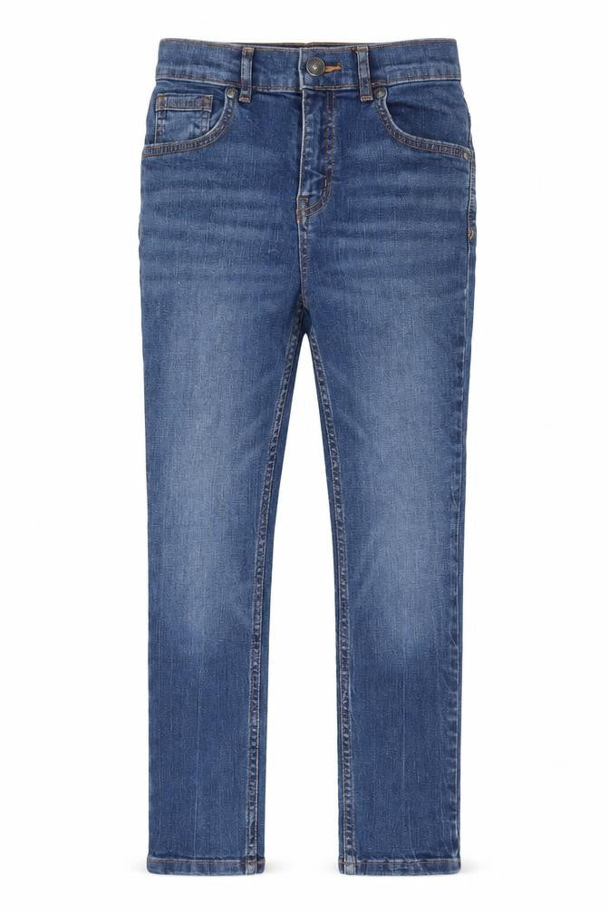 Front view of Tu boys’ blue cotton skinny jeans, size 9, months, 22-inch leg regular zip - pockets, belt loops