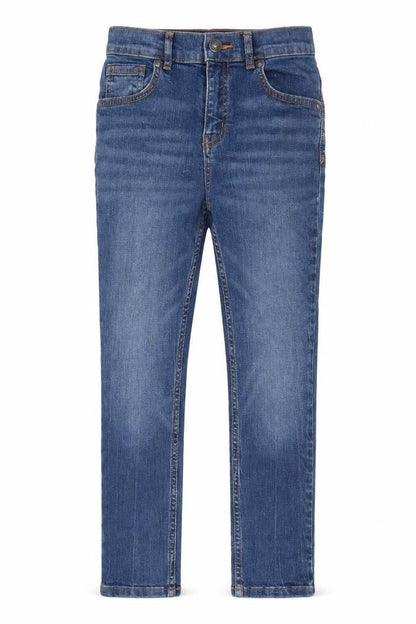 Front view of Tu boys’ blue cotton skinny jeans, size 9, months, 22-inch leg regular zip - pockets, belt loops