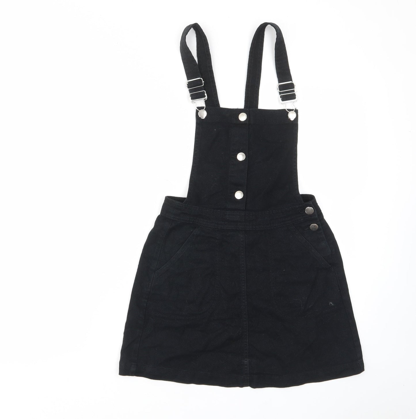 H&M Womens Black Cotton Pinafore/Dungaree Dress Size 6 Square Neck Button - Buckle, Pockets, Adjustable straps