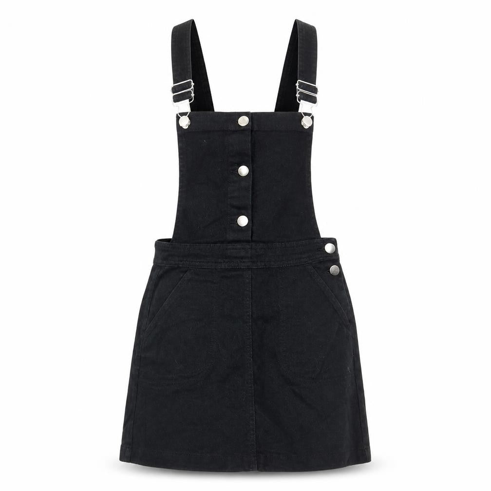 H&M Womens Black Cotton Pinafore/Dungaree Dress Size 6 Square Neck Button - Buckle, Pockets, Adjustable straps