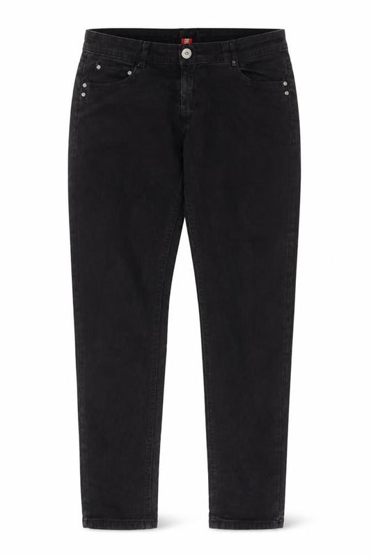 Front view of Denim & Co. women’s black cotton skinny jeans, size UK 12, 30-inch leg regular zip - pockets, belt loops
