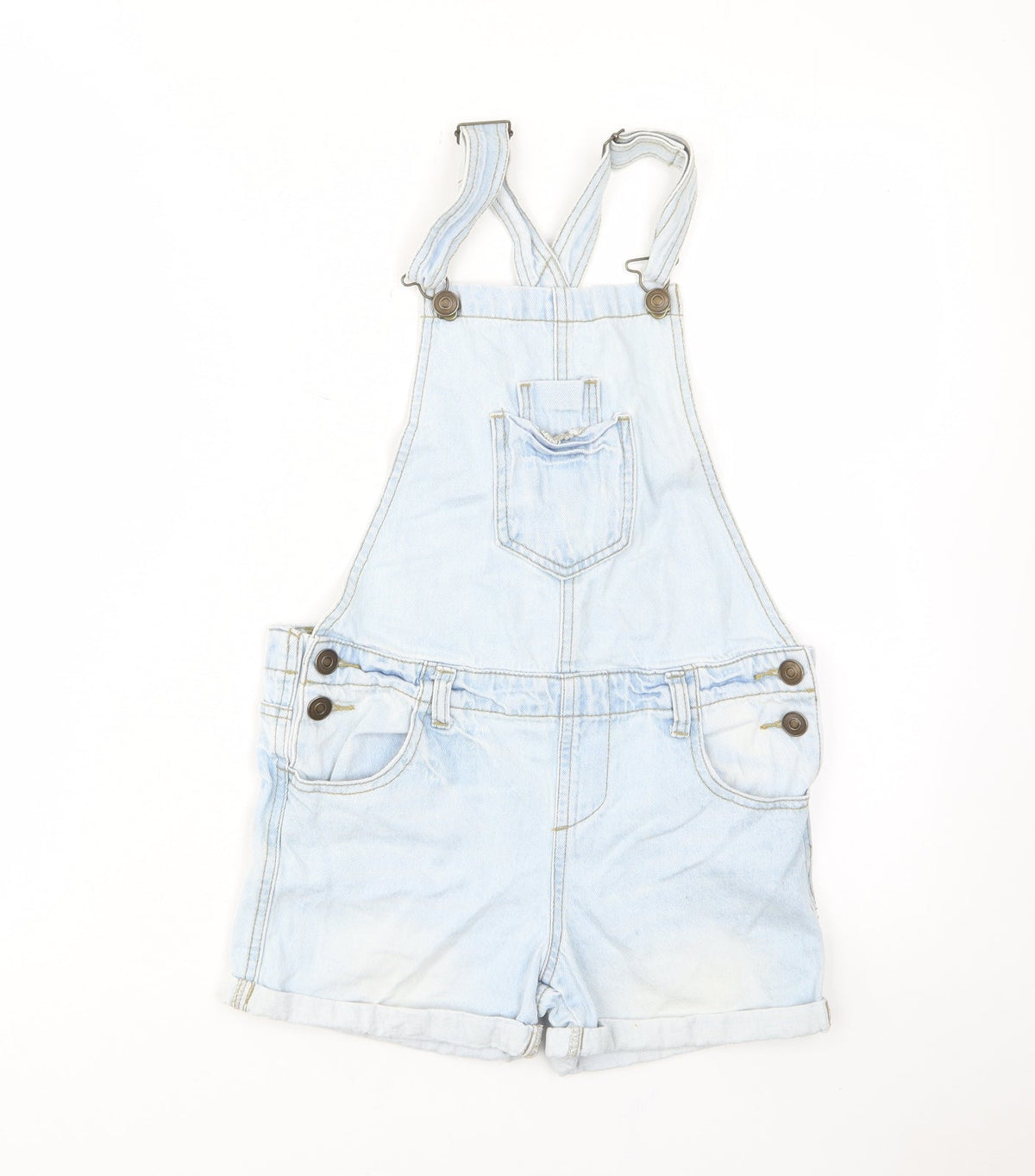 Additional front view of Denim & Co. girls’ blue cotton dungaree one-piece, size 10-11, years button - pockets, belt loops