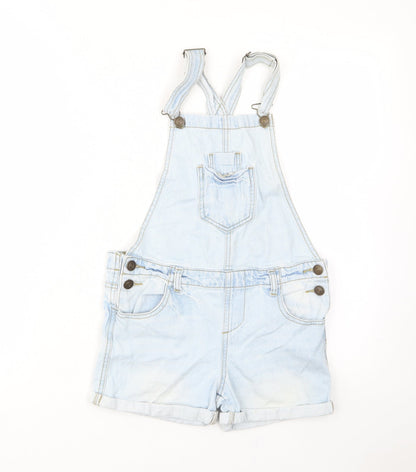 Additional front view of Denim & Co. girls’ blue cotton dungaree one-piece, size 10-11, years button - pockets, belt loops