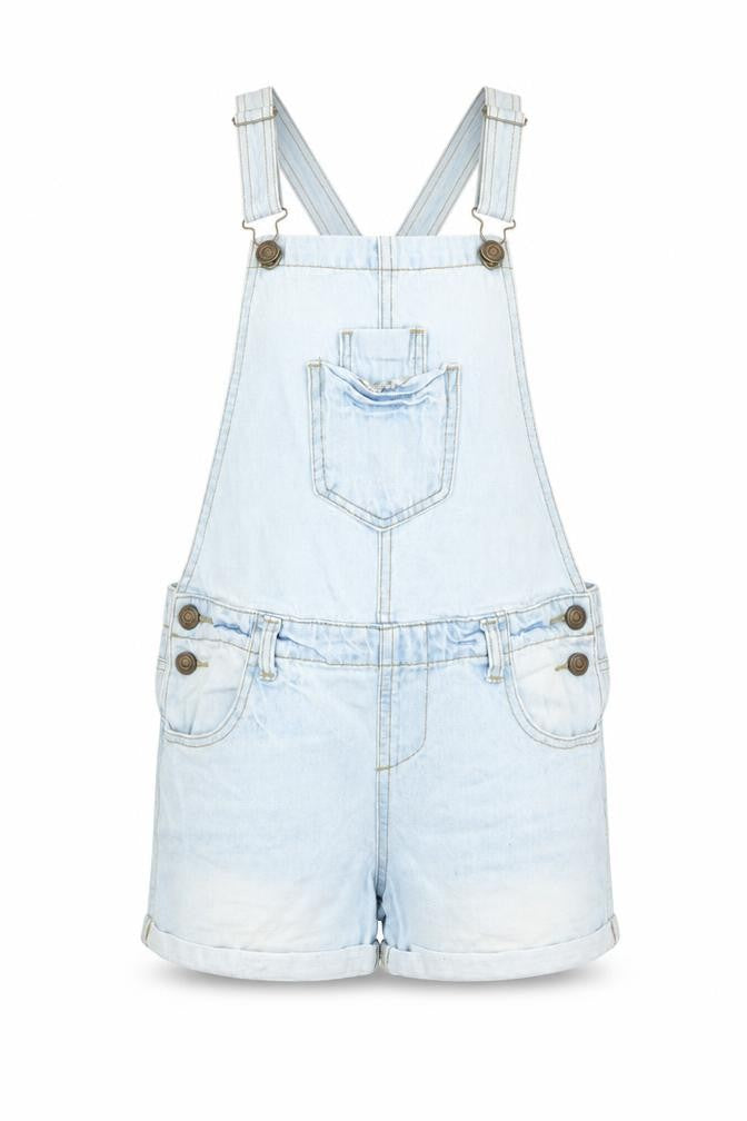 Front view of Denim & Co. girls’ blue cotton dungaree one-piece, size 10-11, years button - pockets, belt loops
