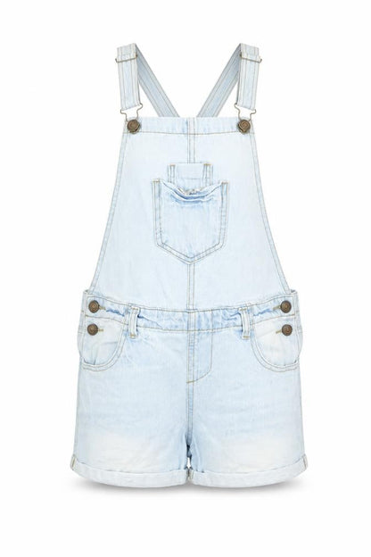 Front view of Denim & Co. girls’ blue cotton dungaree one-piece, size 10-11, years button - pockets, belt loops