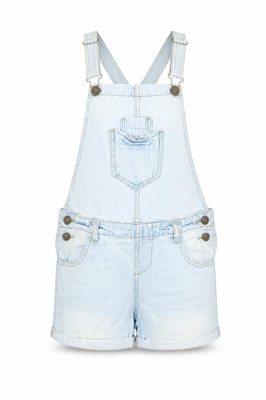 Front view of Denim & Co. girls’ blue cotton dungaree one-piece, size 10-11, years button - pockets, belt loops