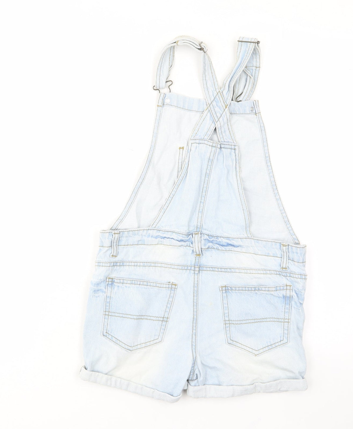 Back view of Denim & Co. girls’ blue cotton dungaree one-piece, size 10-11, years button - pockets, belt loops