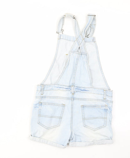 Back view of Denim & Co. girls’ blue cotton dungaree one-piece, size 10-11, years button - pockets, belt loops
